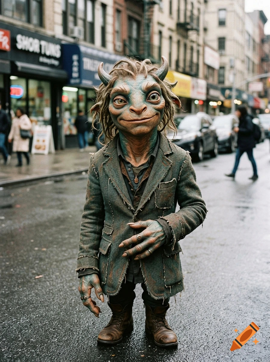 Photorealistic image of a small whimsical horned monster standing on a wet city street in front of storefronts.