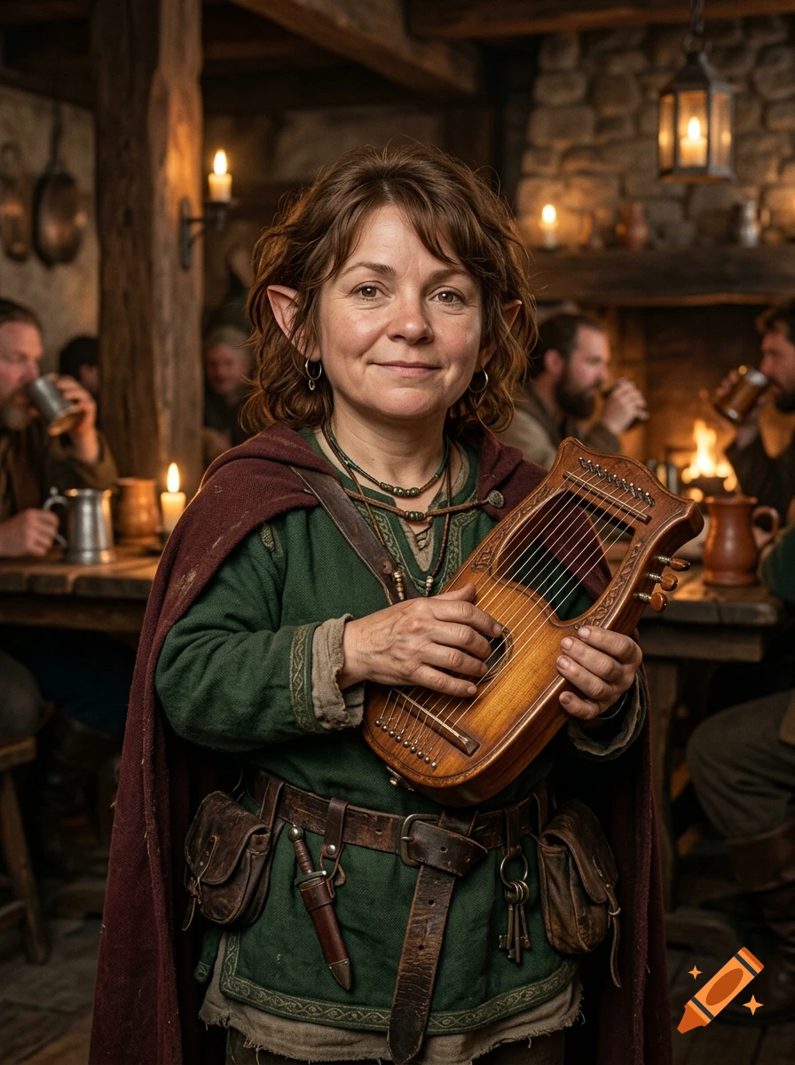 Photorealistic medium shot of a female halfling bard smiling, holding a psaltery in a tavern.