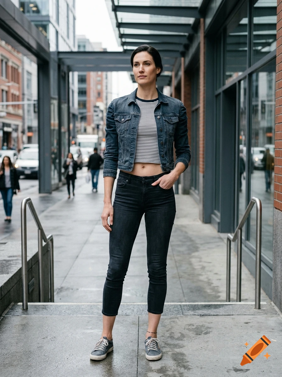 A full-length photo of a woman standing on a city street, wearing a denim jacket, striped top, and dark jeans.