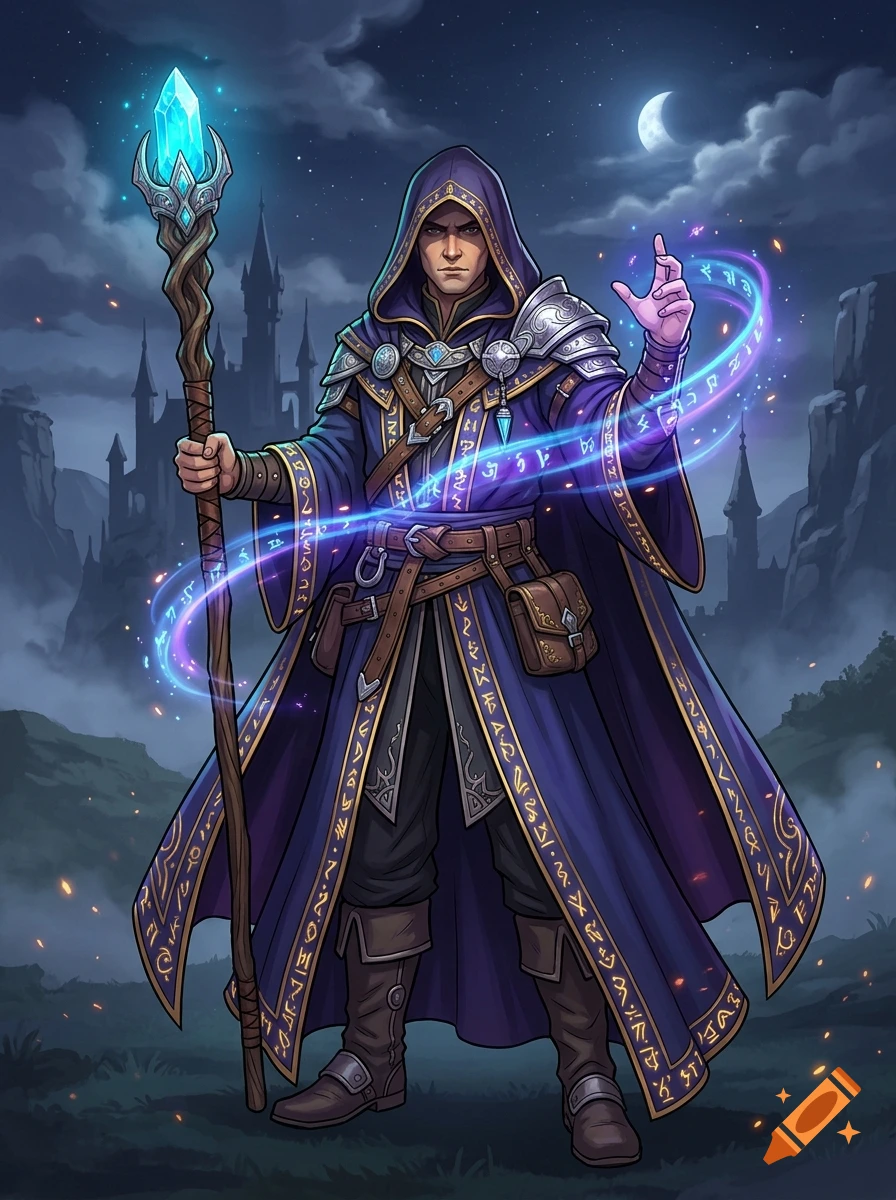 A fantasy mage in a purple hooded robe holding a glowing staff and casting a spell with magical runes against a castle and night sky background.