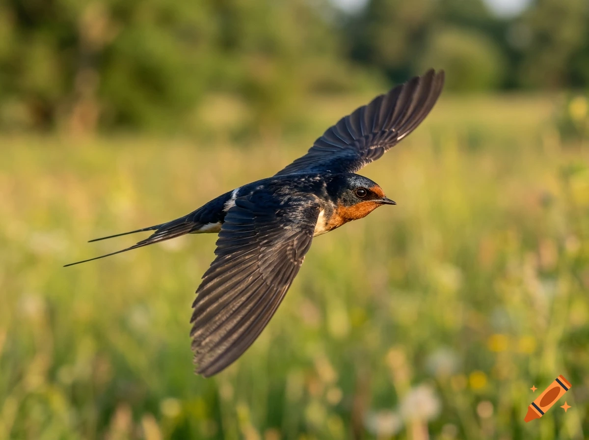 Photorealistic image of a barn swallow in mid-flight over a green meadow.