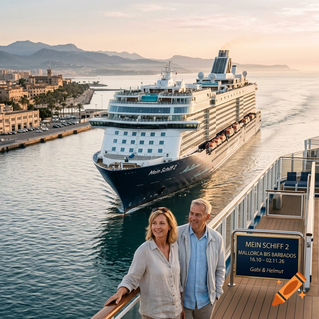 An older couple smiling while standing on the deck of a cruise ship overlooking a coastal port at sunset.