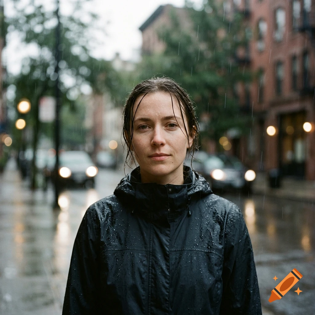 Photorealistic portrait of a young woman with wet hair standing outdoors in the rain wearing a black raincoat.