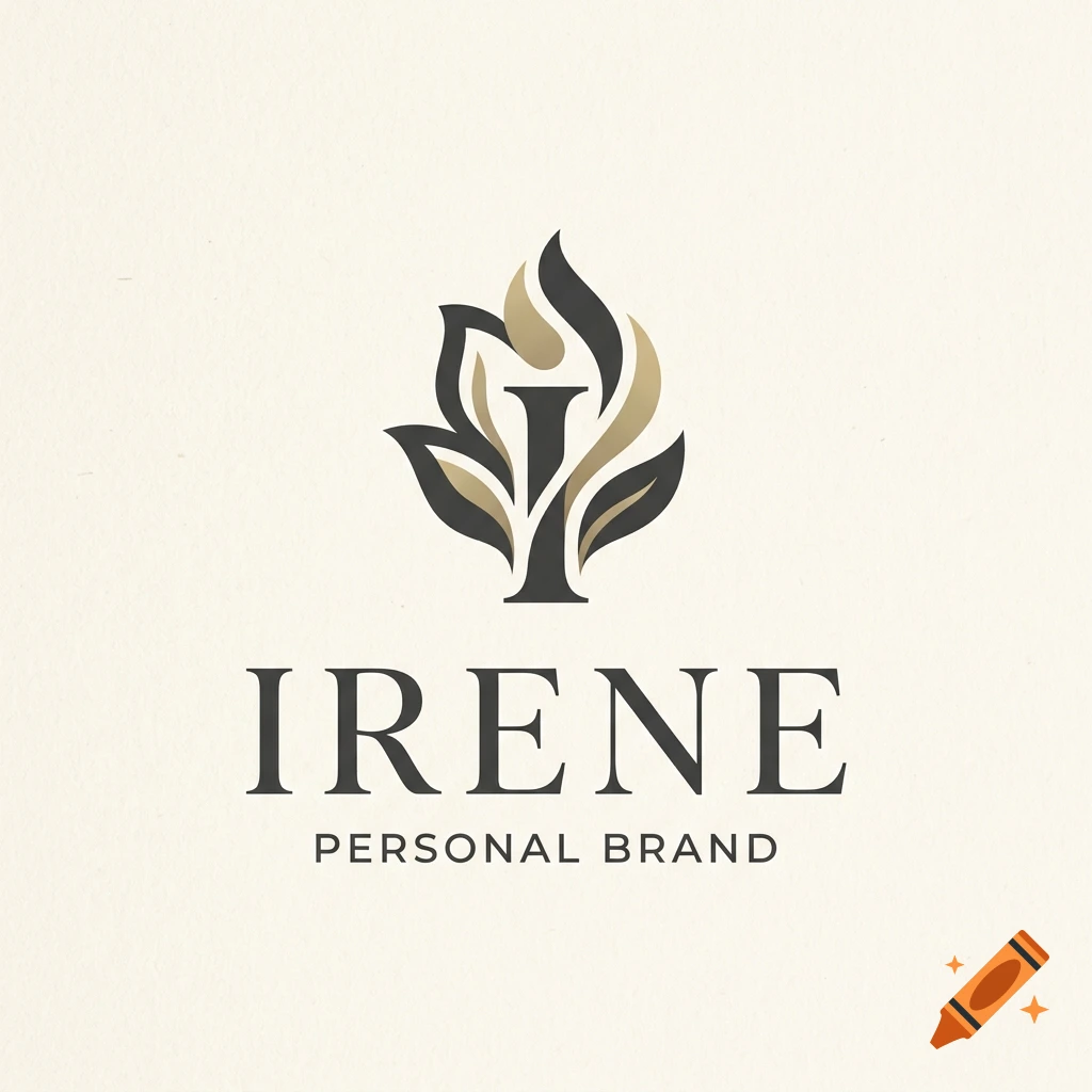 Logo design featuring the letter I surrounded by stylized leaves, with the text IRENE PERSONAL BRAND below.