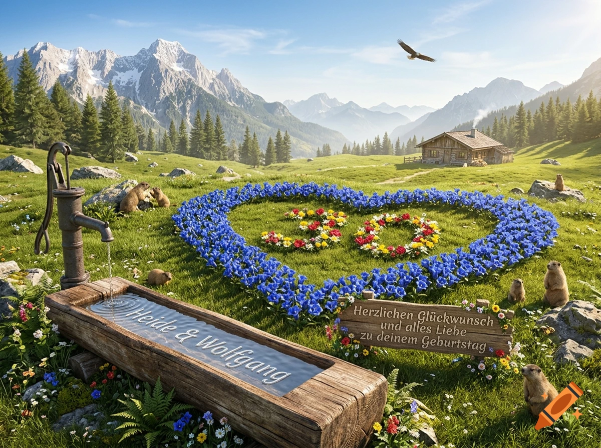 Photorealistic mountain landscape with a wooden water trough, marmots, and a large heart made of blue gentian flowers.