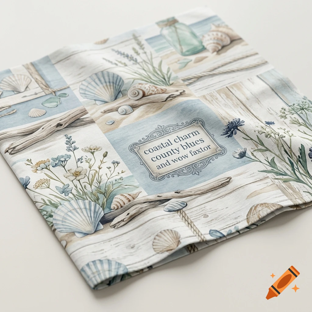 Folded fabric featuring a coastal collage pattern with seashells, driftwood, and a framed label reading coastal charm county blues.
