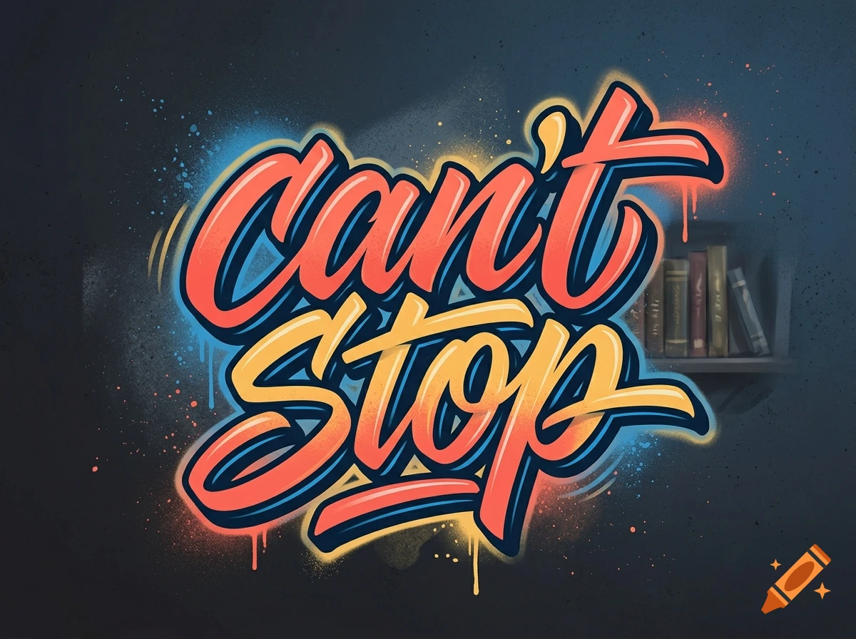 Graffiti style lettering reading 'Can't Stop' in vibrant orange, yellow, and blue colors against a dark background with a faint bookshelf in the distance.