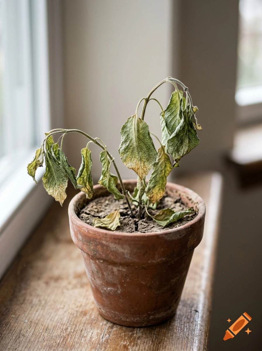 Close-up of a wilting and shriveling potted plant sitting on a wooden windowsill.