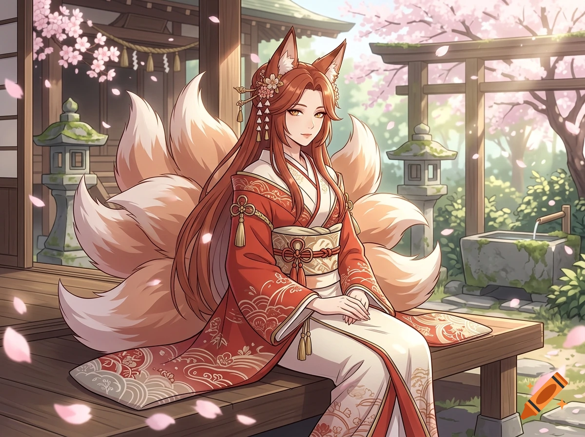 Anime-style illustration of a smiling kitsune woman with nine tails and fox ears, wearing a red and white kimono, sitting on a wooden porch of a traditional Japanese shrine with cherry blossoms.