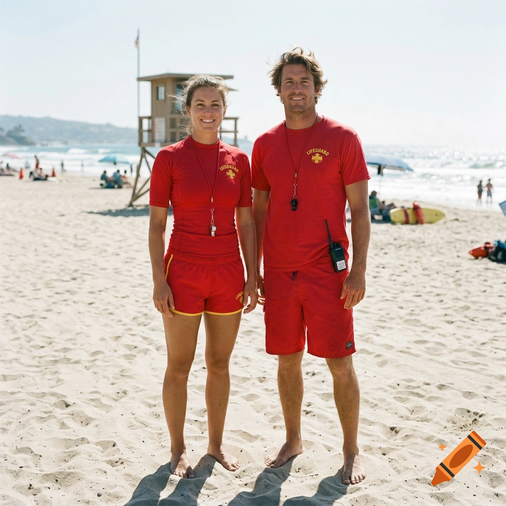 Photorealistic image of a male and female lifeguard standing on a sandy beach in red uniforms.