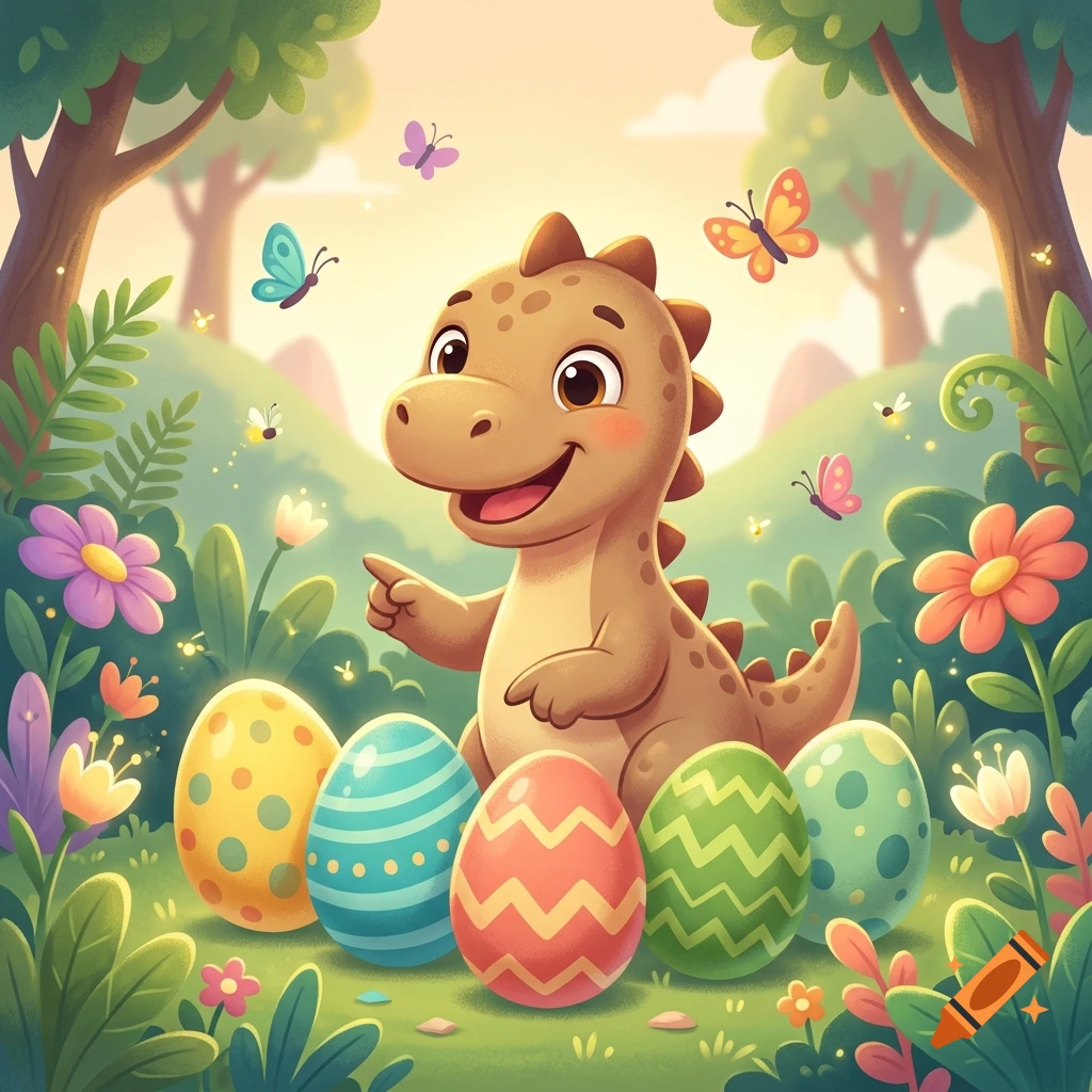 Cute cartoon dinosaur pointing at colorful decorated Easter eggs in a sunny forest with butterflies.