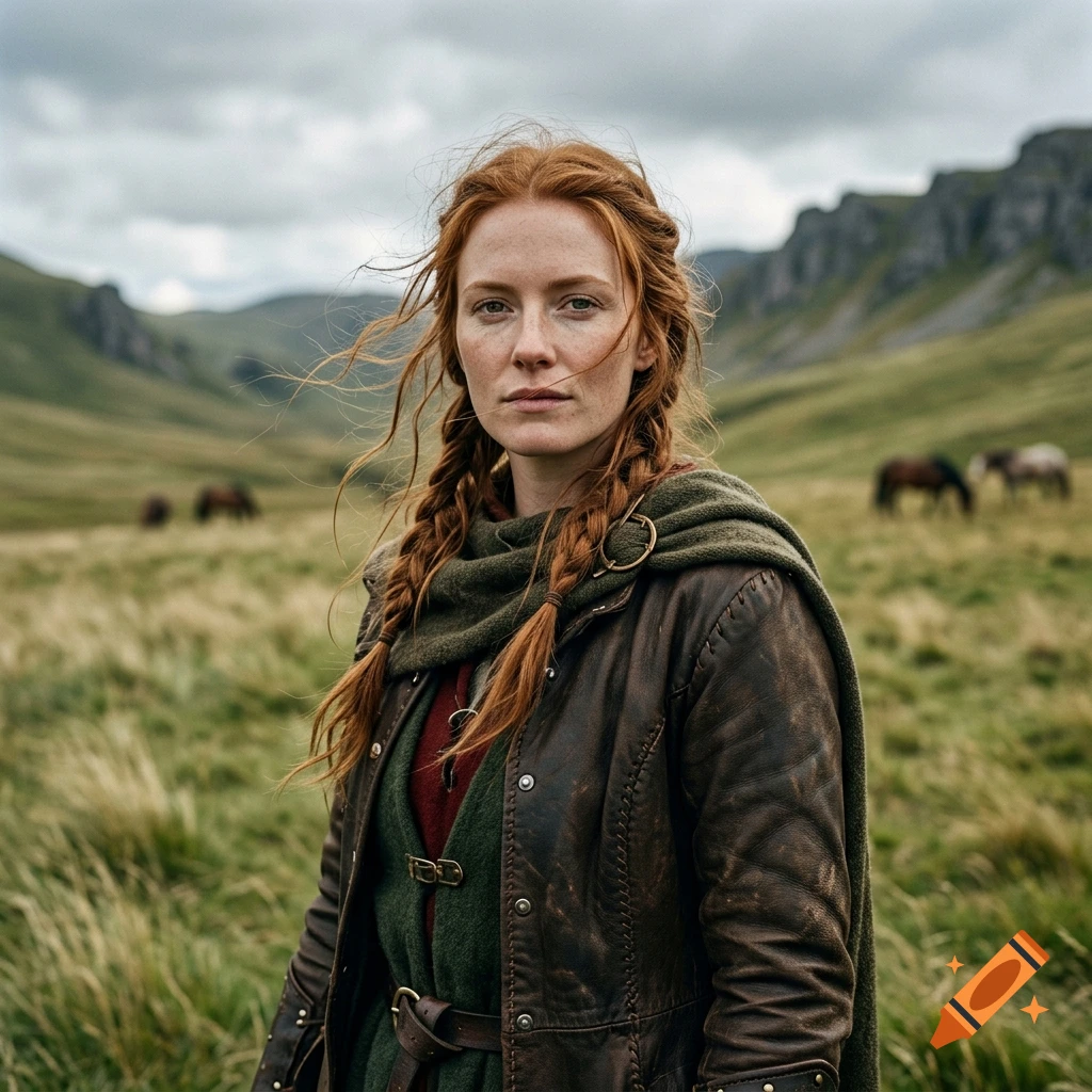 A woman with red braided hair wearing a dark leather jacket and green cloak stands in a grassy field with horses and hills in the background.