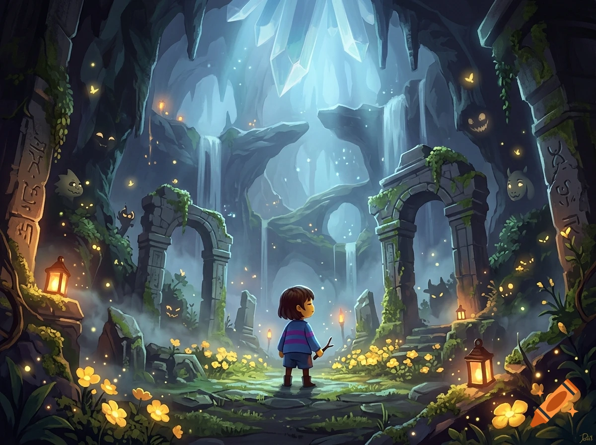 Digital illustration of a child holding a stick in a glowing cave with stone ruins, flowers, and crystal formations above, in an anime style.