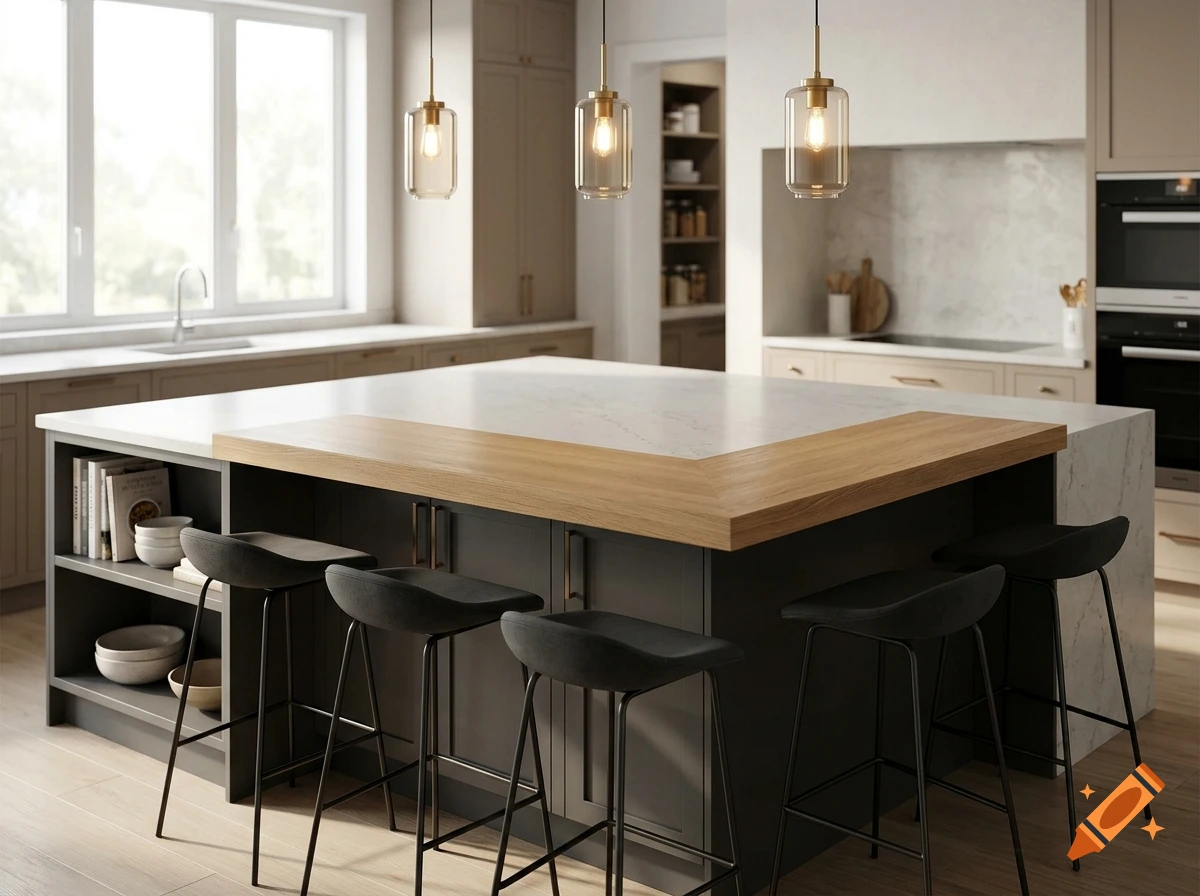 Modern kitchen with a large dark gray island featuring a light wood breakfast bar overhang and three pendant lights above, photorealistic.