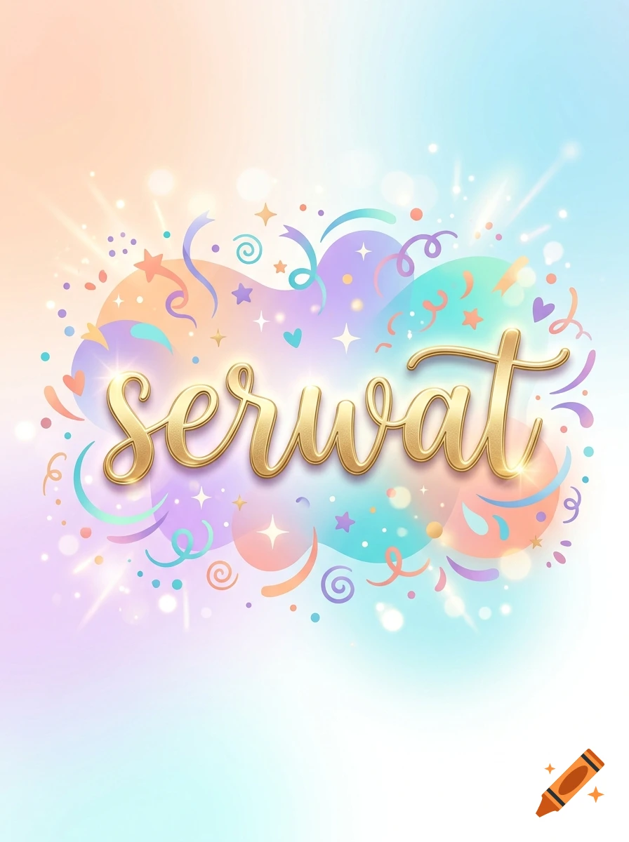The gold text 'serwat' is centered over a pastel background with confetti, streamers, stars, and sparkles.