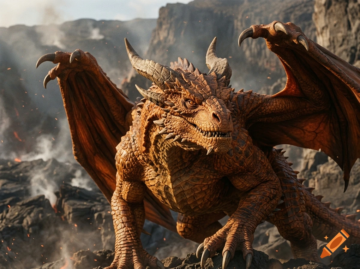 Photorealistic image of a detailed orange dragon with horns and wings crouching on rocky terrain in a volcanic landscape.