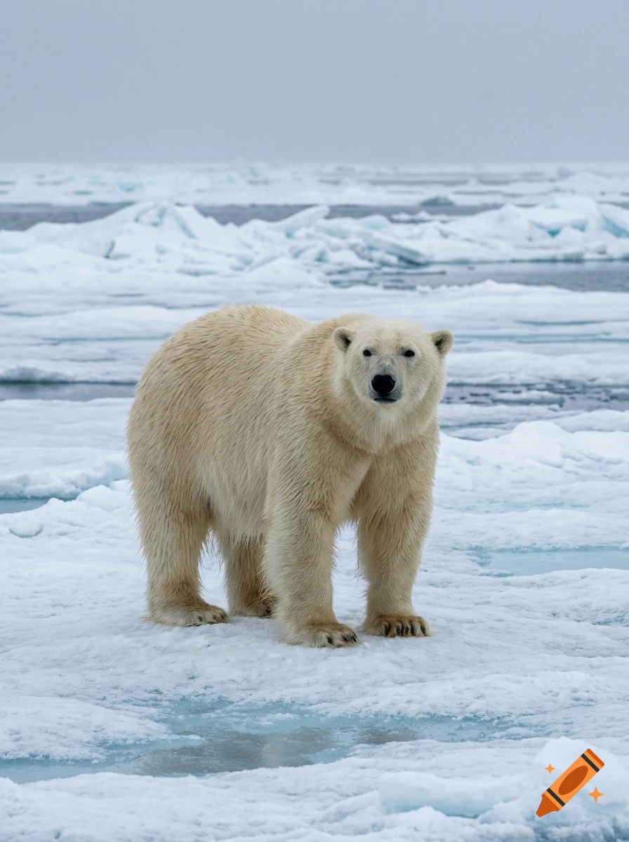 Photorealistic image of a polar bear standing on sea ice in the Arctic.