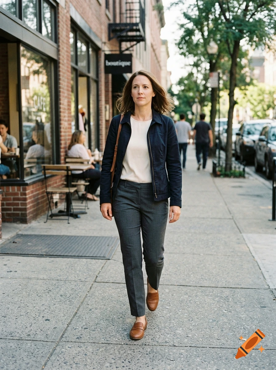 A woman in a blue jacket and grey pants walking down a city sidewalk past a cafe.