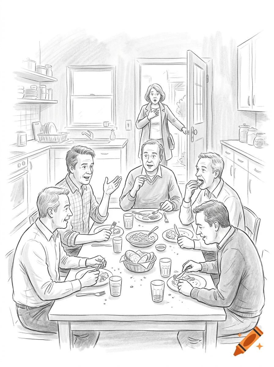 Black and white pencil sketch of six middle-aged men eating at a table in a kitchen while a surprised woman opens the door.