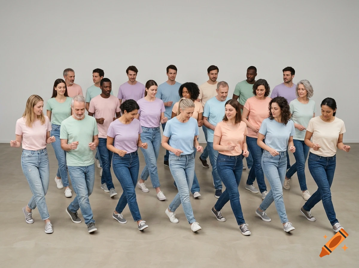 A group of diverse people in pastel t-shirts and jeans standing in rows and performing synchronized linedance moves.