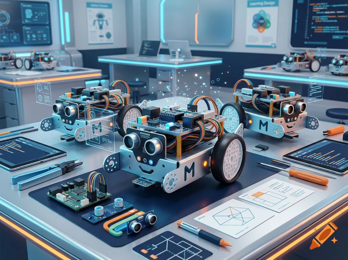 Robotics lab setting with small wheeled educational robot kits on workbenches alongside tools and diagrams.