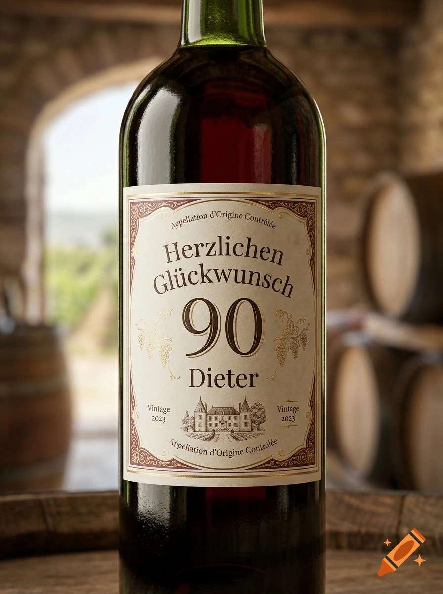 Close-up photorealistic shot of a red wine bottle with a custom vintage label featuring text 'Herzlichen Glückwunsch 90 Dieter'.