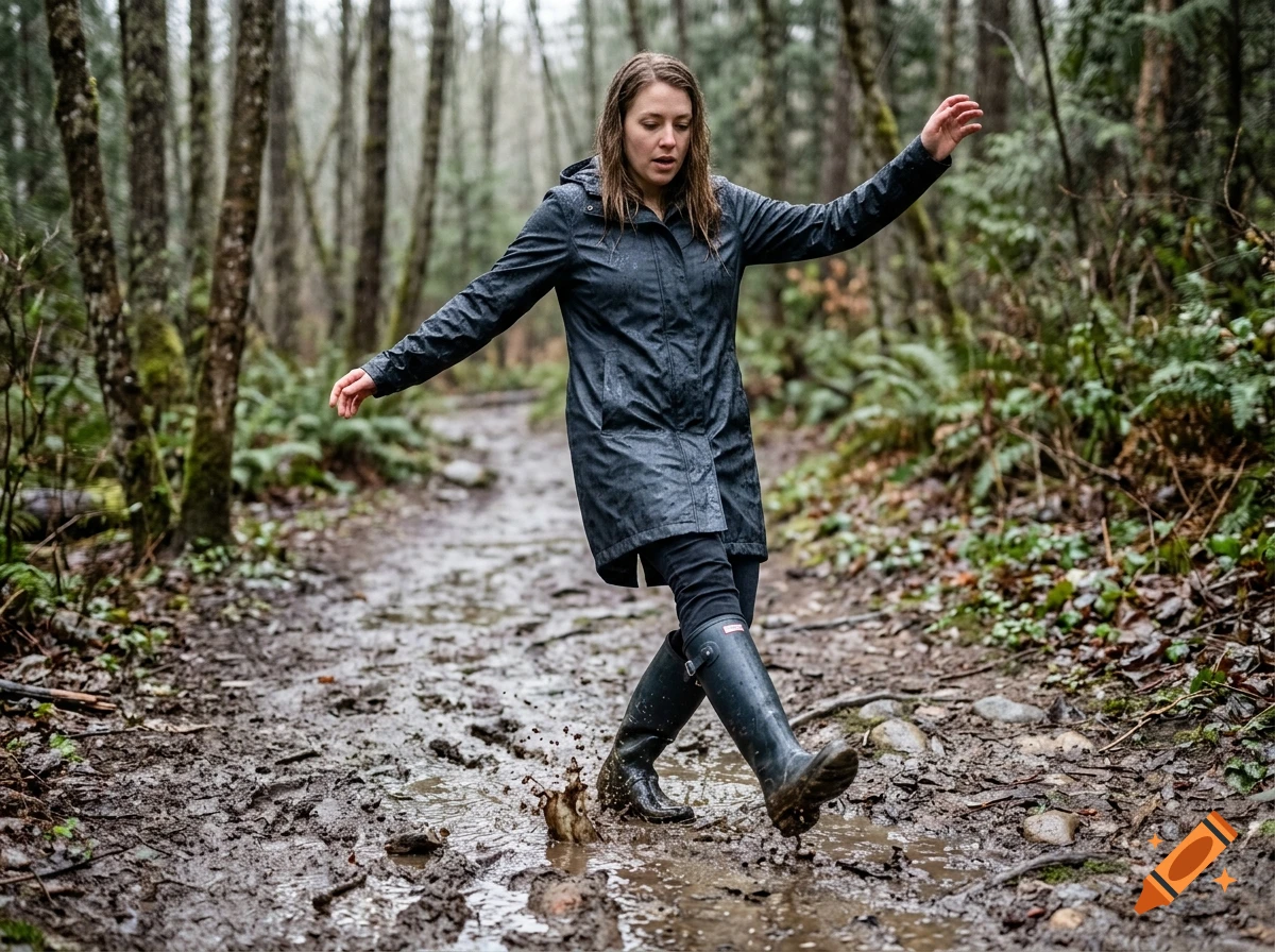 Photorealistic image of a young woman in a rain coat and rubber boots splashing in a muddy puddle in the forest.
