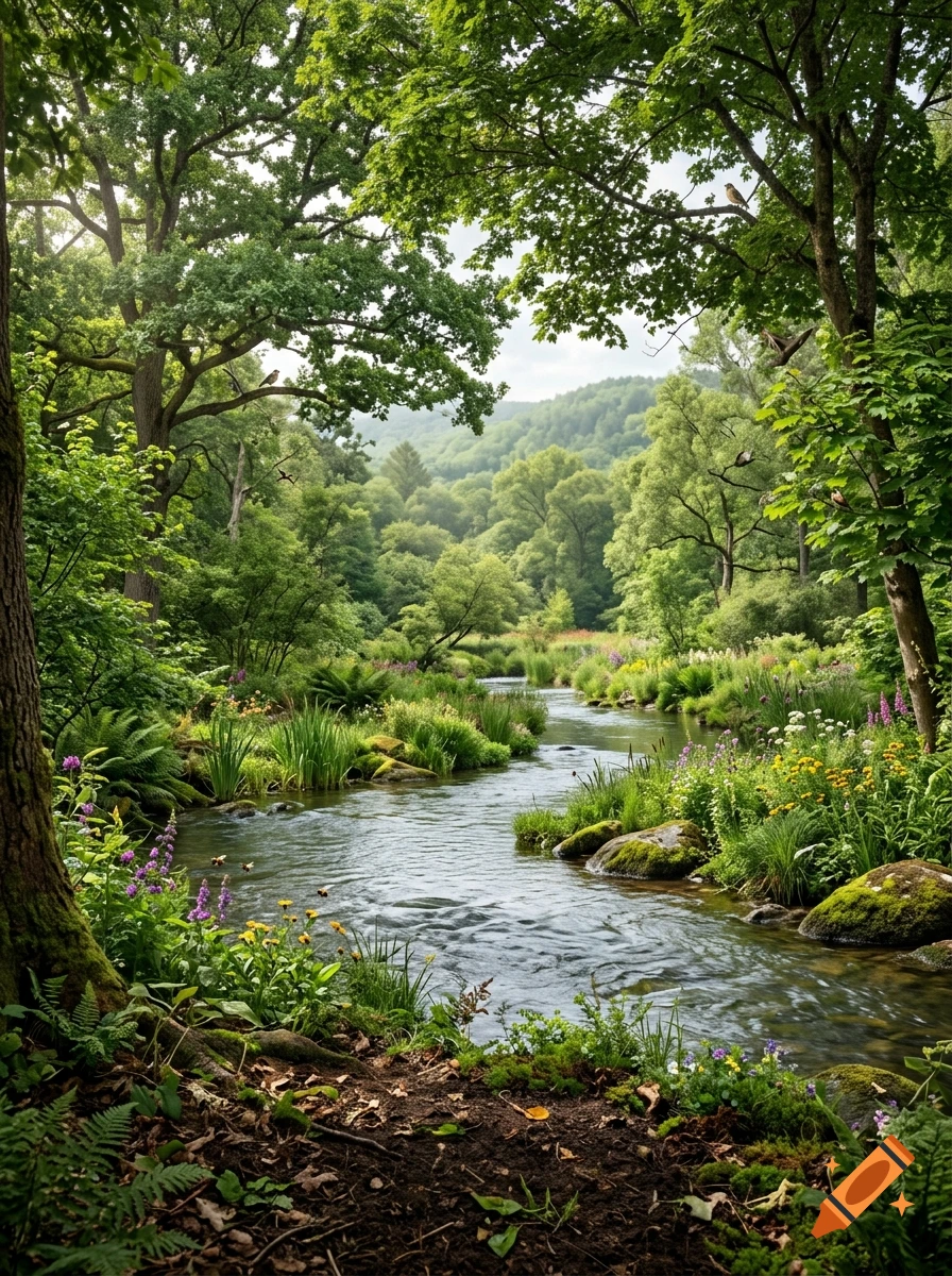 Photorealistic view of a winding river flowing through a lush green forest with wildflowers and trees.