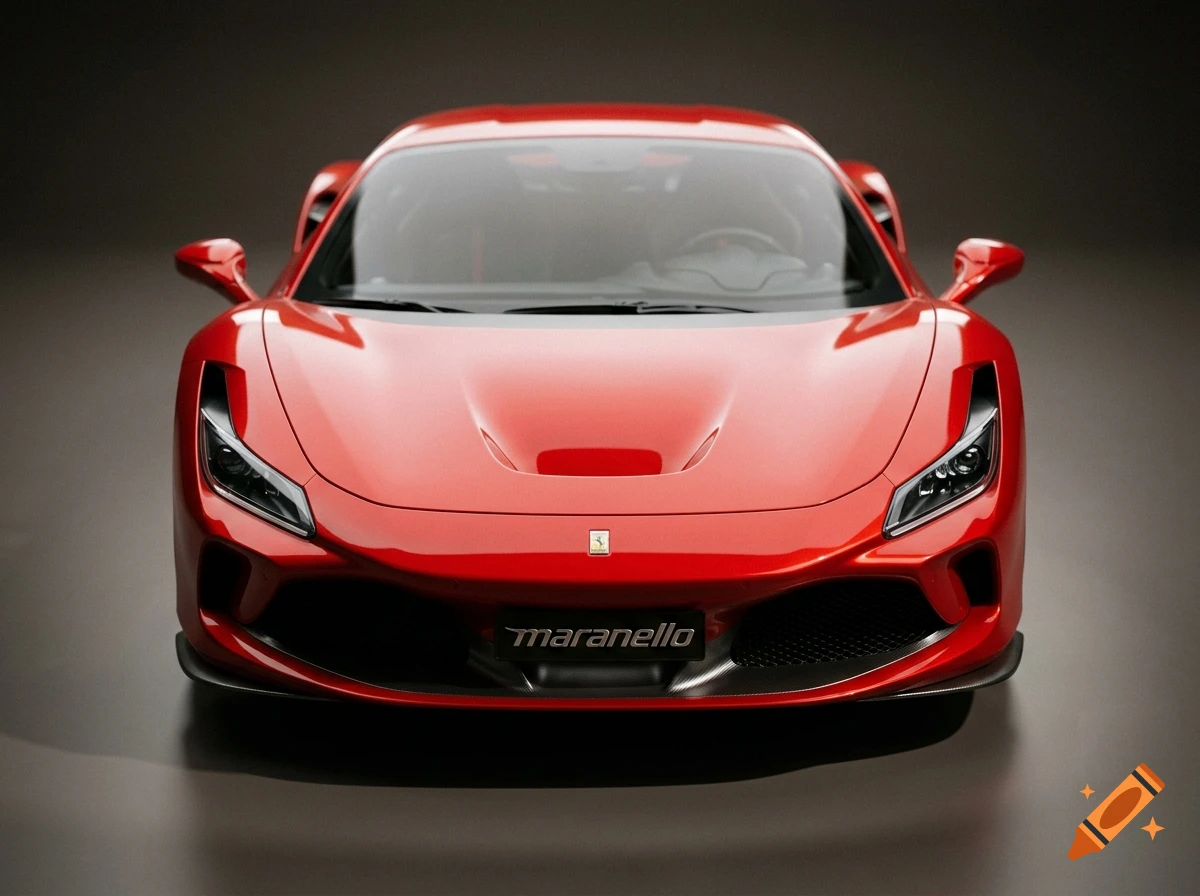 Photorealistic front view of a red sports car with the word maranello on the front bumper.