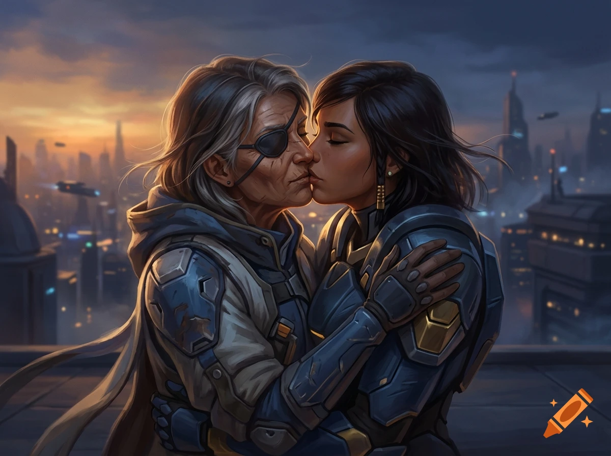 Digital art of an older woman with an eyepatch kissing a younger dark-haired woman in sci-fi armor on a rooftop overlooking a futuristic city at sunset.