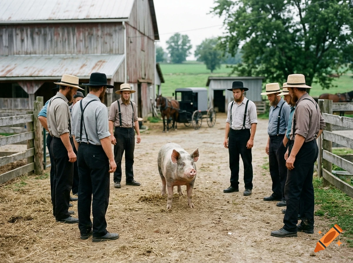 Several men in traditional attire standing in a circle around a pig on a farm yard with a barn and carriage in the background.