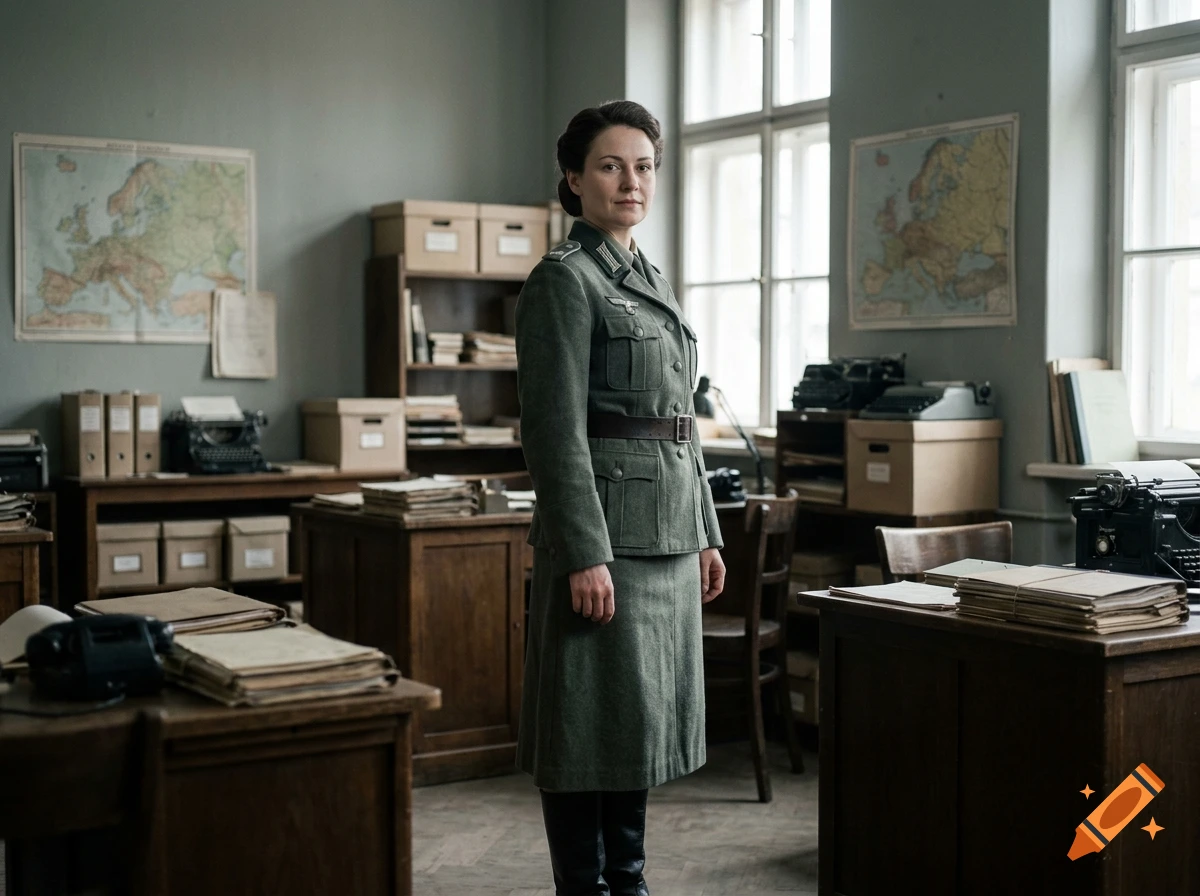 Photorealistic portrait of a woman in a WWII German military uniform standing in an office with maps and typewriters.