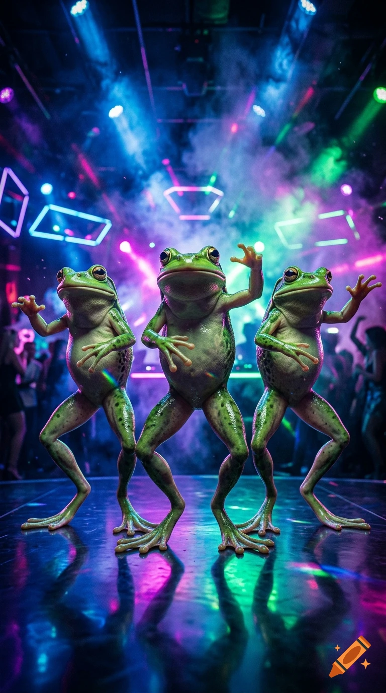 Three realistic green anthropomorphic frogs dancing in a neon-lit nightclub, cinematic photography.