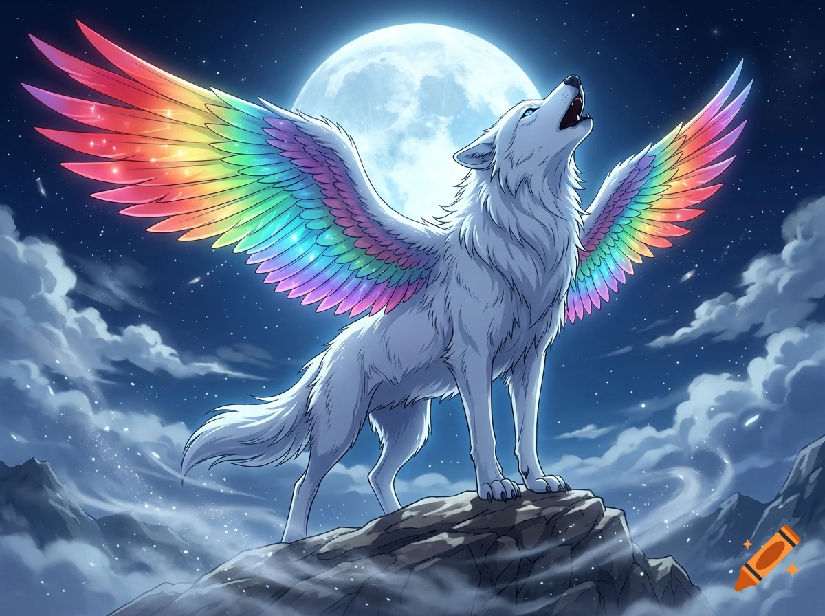 Anime style white wolf with rainbow feathered wings howling at a full moon on a rocky mountain peak at night.