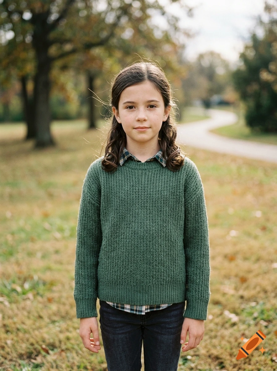 Photorealistic full-body portrait of a young girl with dark hair standing in an outdoor park setting with trees and a pathway.