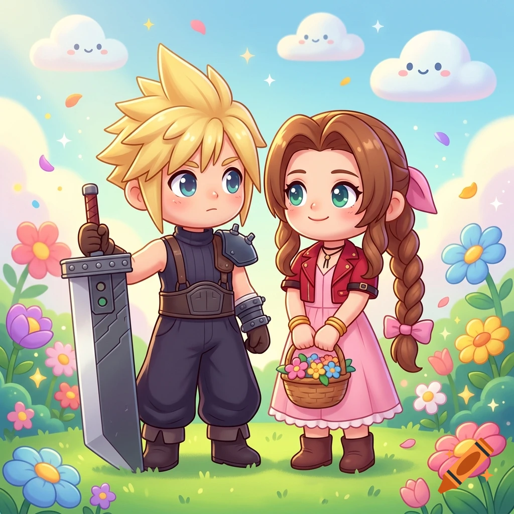Chibi-style 3D render of Cloud and Aerith from Final Fantasy 7 standing in a flower field with smiling clouds, in Cocomelon art style.