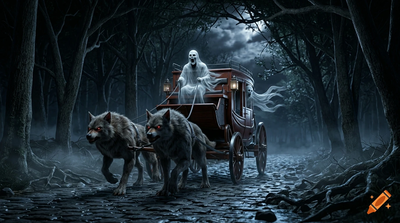 A dark forest at midnight with a mahogany carriage driven by a white ghost and pulled by two werewolves with glowing red eyes.