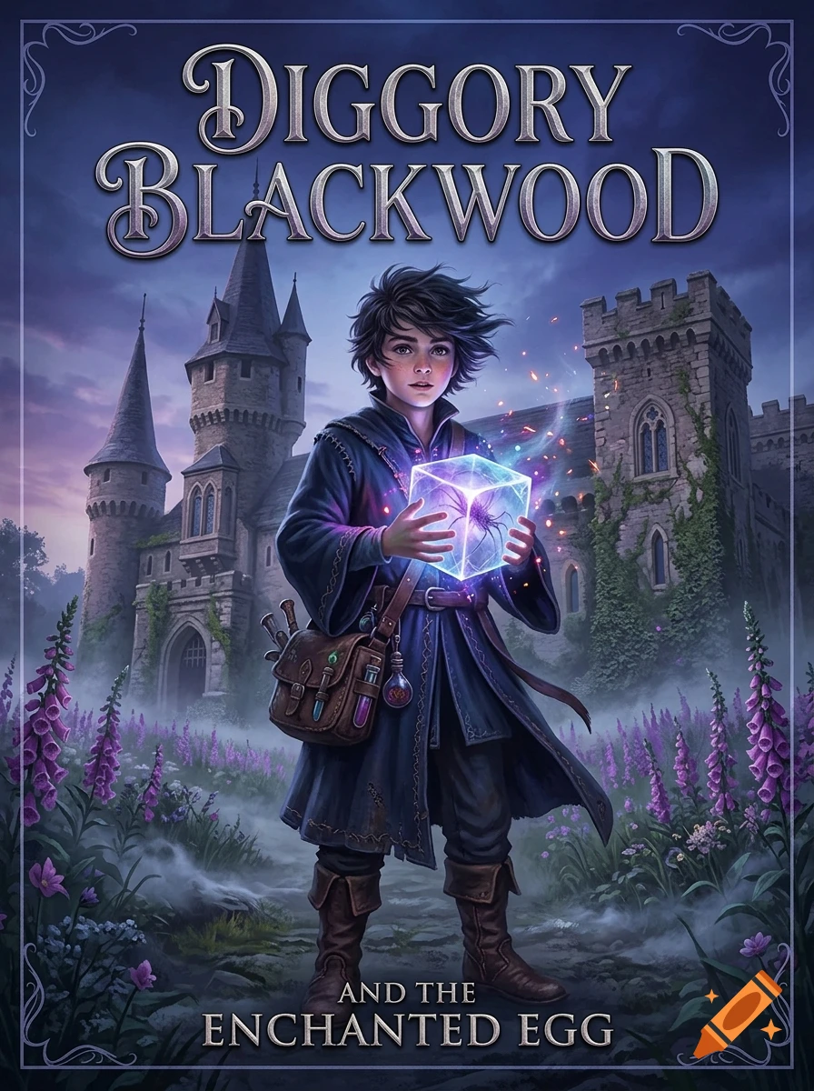 A young fantasy character holding a glowing cube in front of a castle, with book title text at the top and bottom.