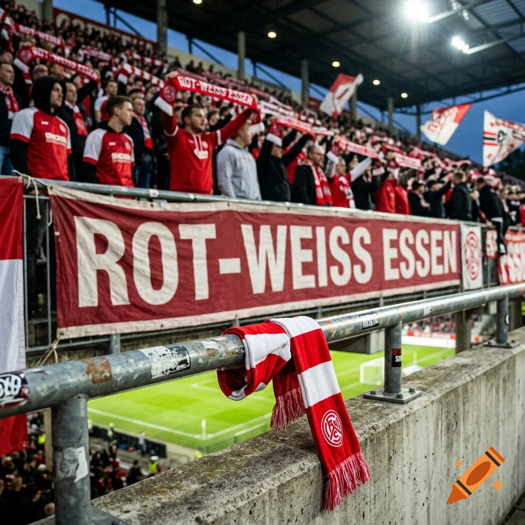 Photorealistic shot of a Rot-Weiss Essen banner in a crowded stadium with fans in red and white.