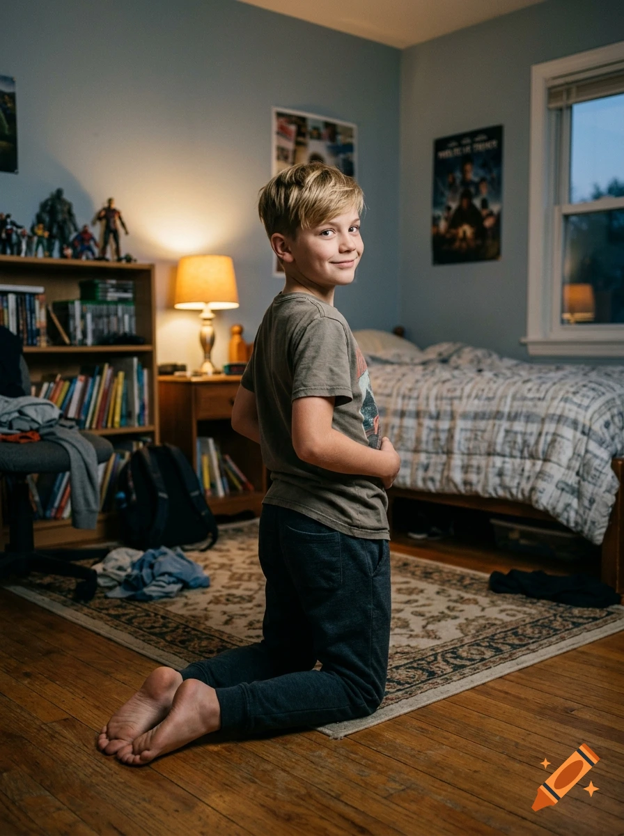 Photorealistic image of a blonde preteen boy kneeling on a rug in his bedroom, looking back over his shoulder at the camera.