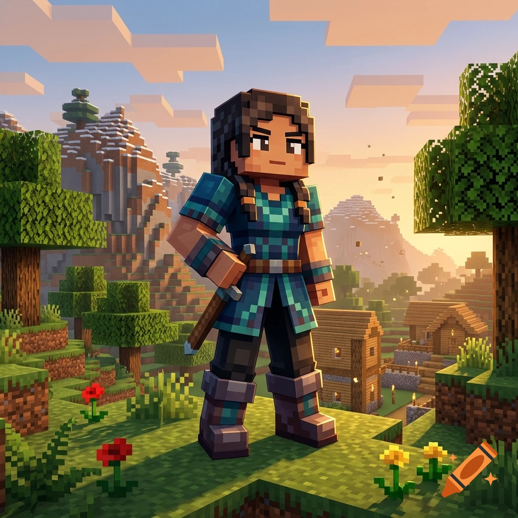 A blocky voxel-style video game character with dark braided hair stands in a landscape with pixelated trees, mountains, and blocky houses under a sunset sky.