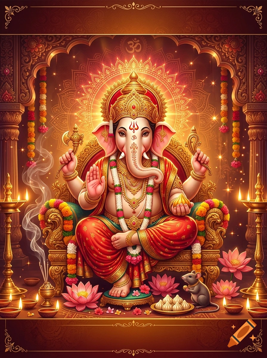 Digital art poster of Lord Ganesha seated on an ornate throne, surrounded by lotus flowers, glowing lights, and sweets.
