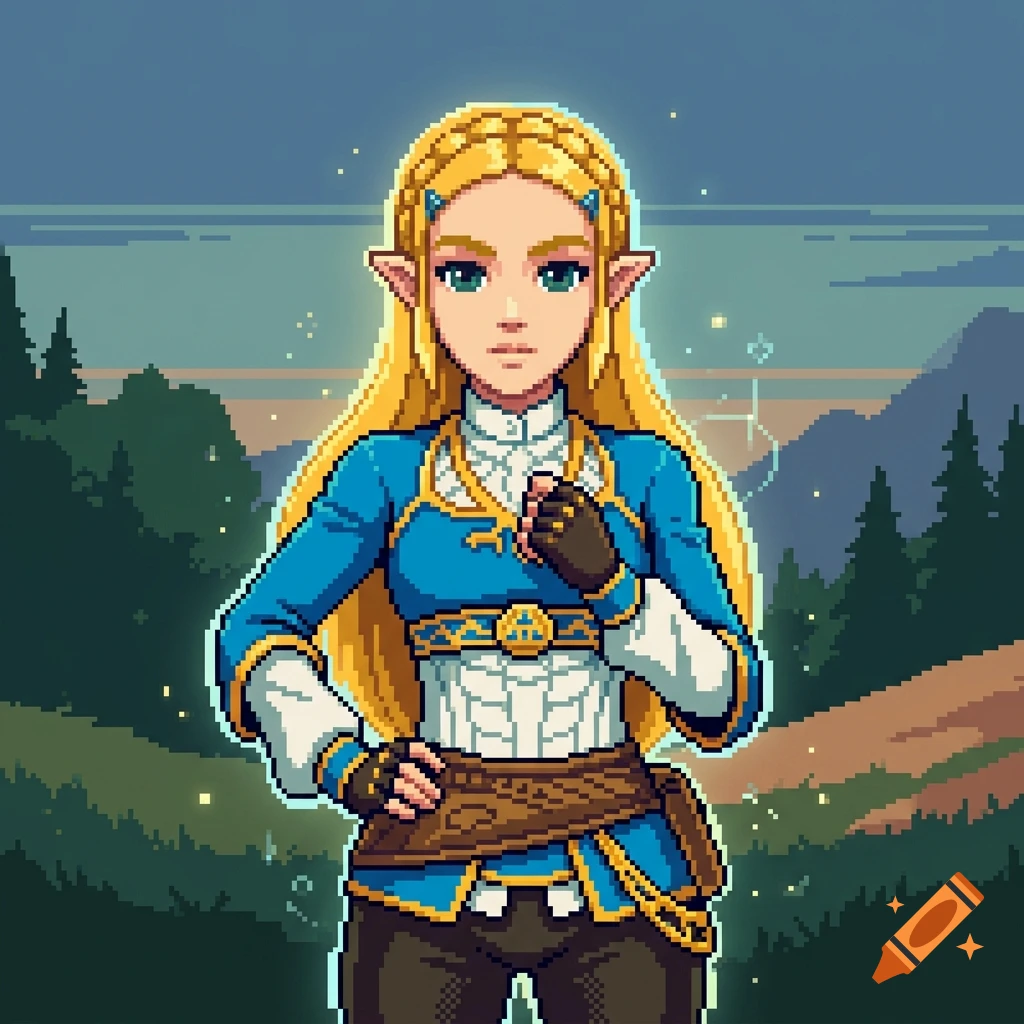 Pixel art portrait of Princess Zelda from Breath of the Wild with blonde hair and blue tunic, set against a forest and mountain background.