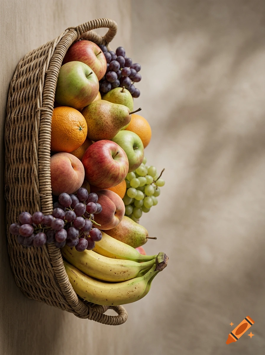 Photorealistic vertical still life of an overflowing fruit basket on the left with bananas, apples, pears, oranges, and grapes.