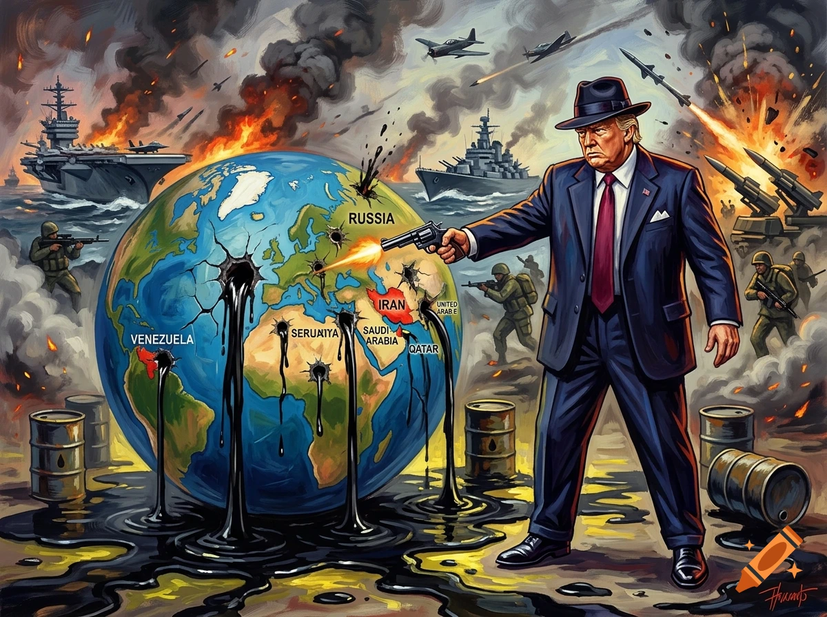 Expressionist illustration of Donald Trump as a mobster shooting the Earth with a gun, causing oil to gush out amid a war background.
