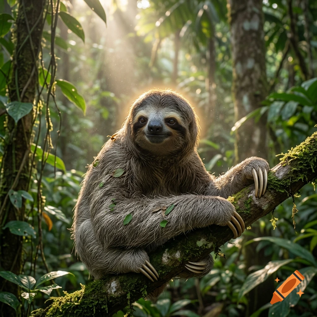 Photorealistic sloth sitting on a mossy branch in a lush tropical jungle with sunrays filtering through the trees.