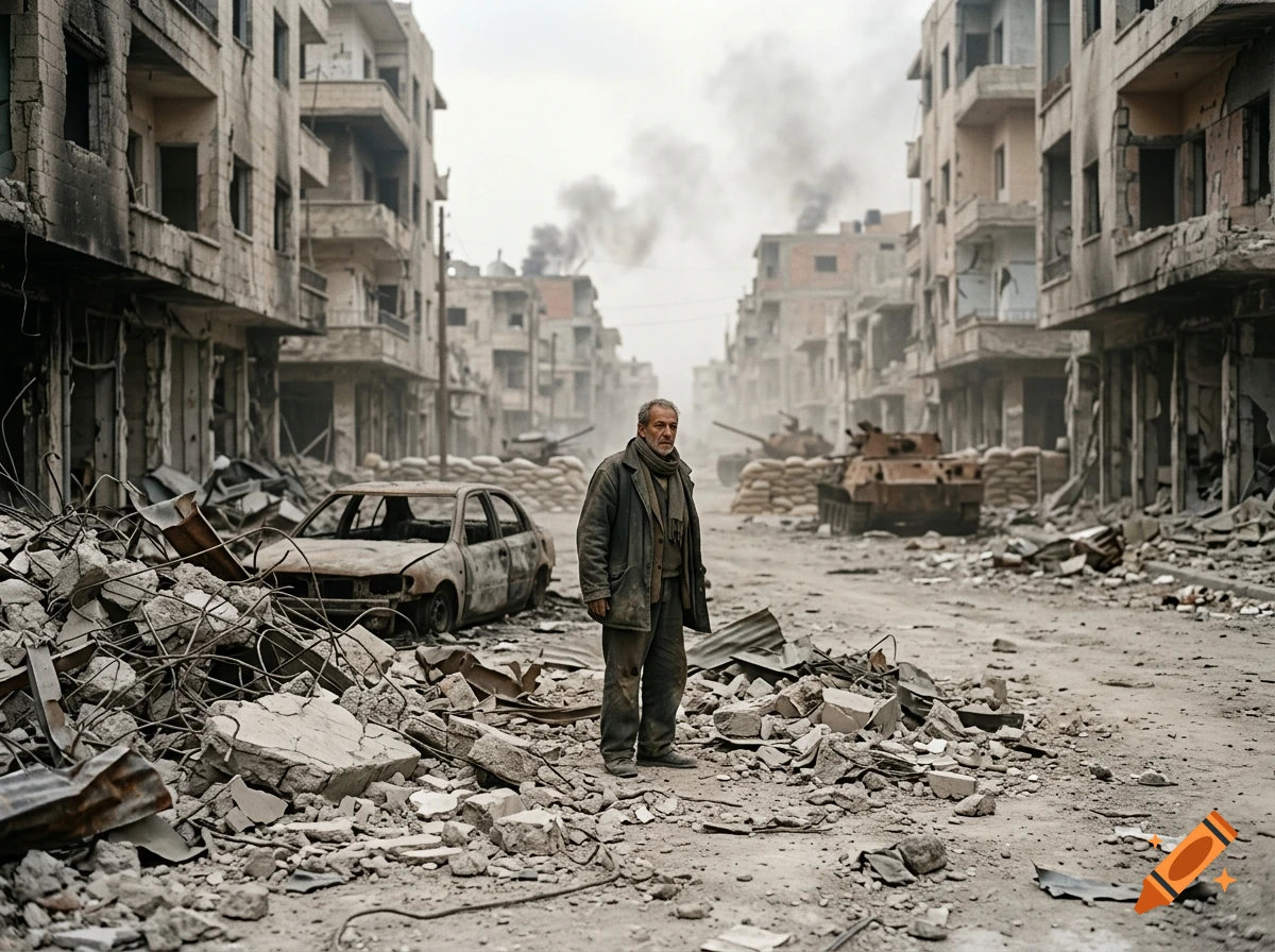 Photorealistic scene of a lone man standing in the middle of a war-torn, rubble-strewn street between destroyed buildings and military tanks.