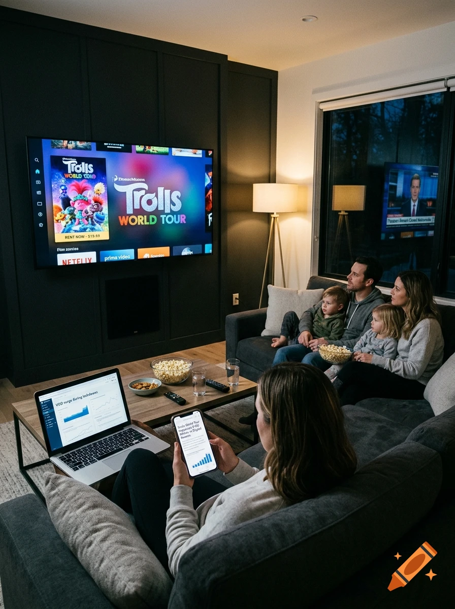 Photorealistic indoor scene of a family watching Trolls World Tour on a large living room television.