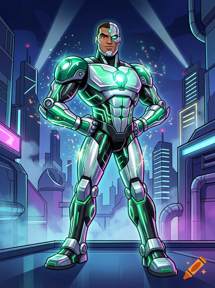 Animated style illustration of a robotic cyborg superhero in futuristic glowing armor standing in a city.