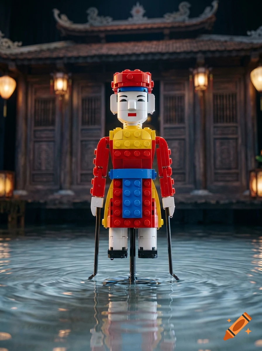 A Lego water puppet standing in water in front of a traditional Vietnamese building.